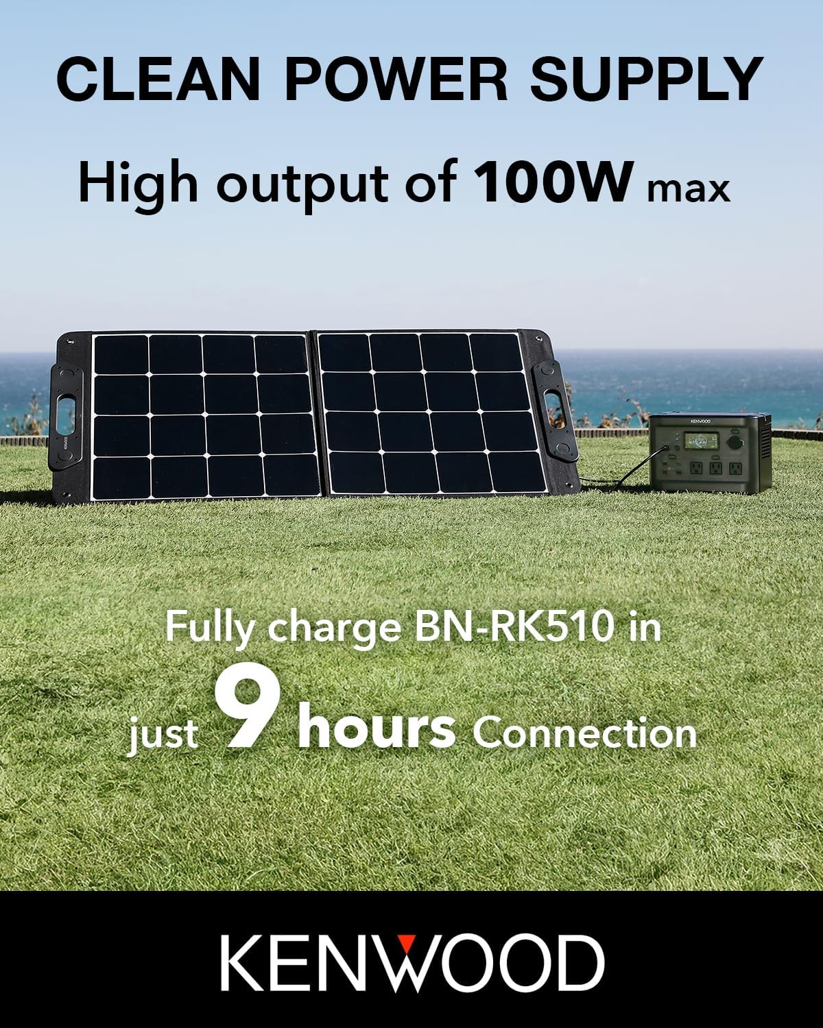 KENWOOD Portable Solar Panel BH-SK100, 100W Device Charging Through USB Ports, High-Efficiency, Lightweight & Foldable Design, Tailgating Camping Outdoors, Optional Pairing w/BN-RK510 Power Station