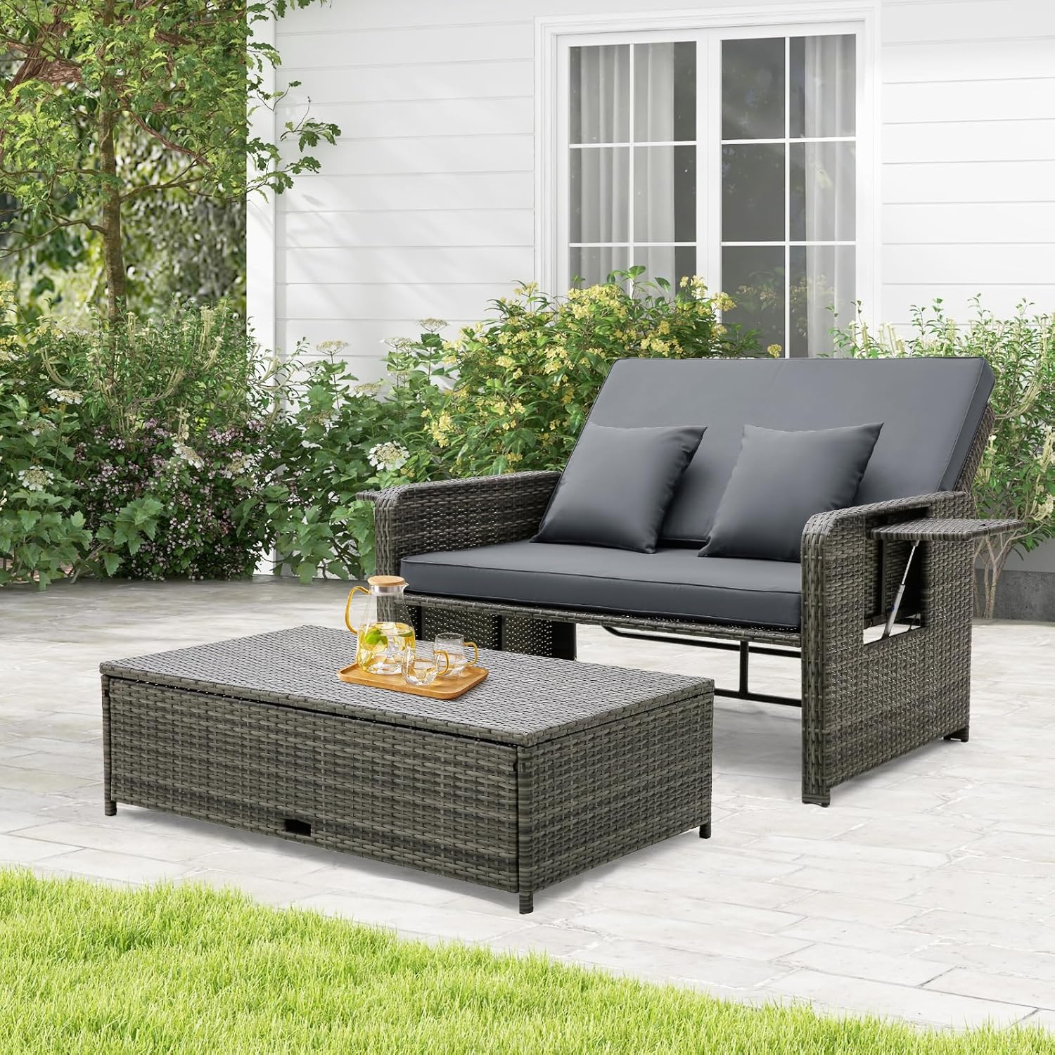 Tangkula Patio Rattan Daybed Set, Wicker Loveseat Sofa