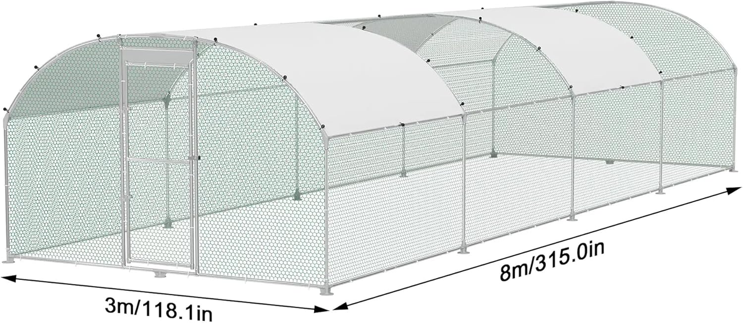 Hühnerstall 3x8m Metall Freilaufgehege Freigehege, Geflügelstall Kleintiere, Verzinkter Stahlrahmen mit PE Dach, Bogenaufsatz