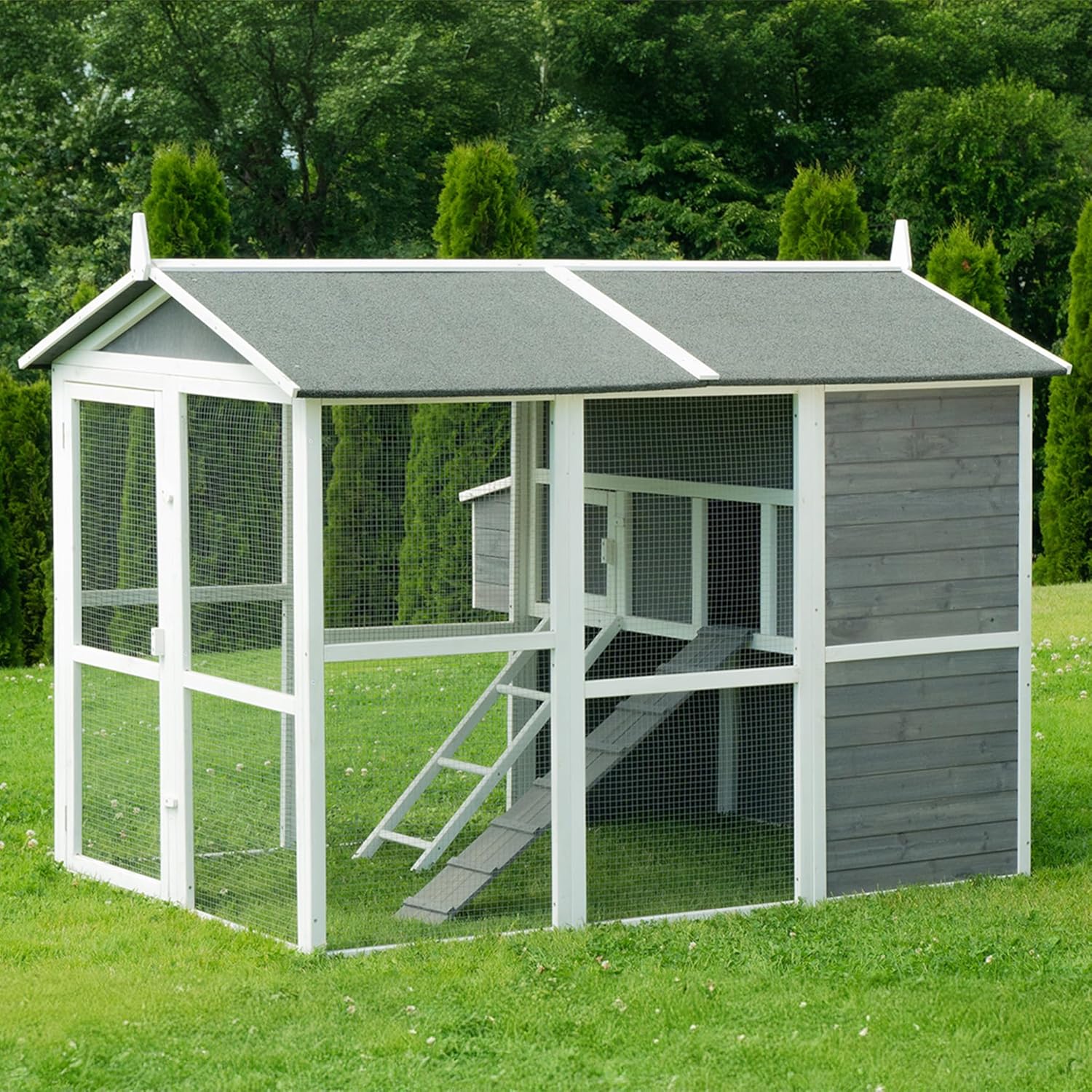 Miweba MyAnimal Hühnerstall MH-15 XXL | 186x146x147 cm - Für 7 Hühner - Nistkasten mit Freilaufgehege - Sitzstange - Winterfest - 2 Ebenen - Hühnerhaus mit Eiablage - Kiefernholz - Voliere (Grau/Weiß)