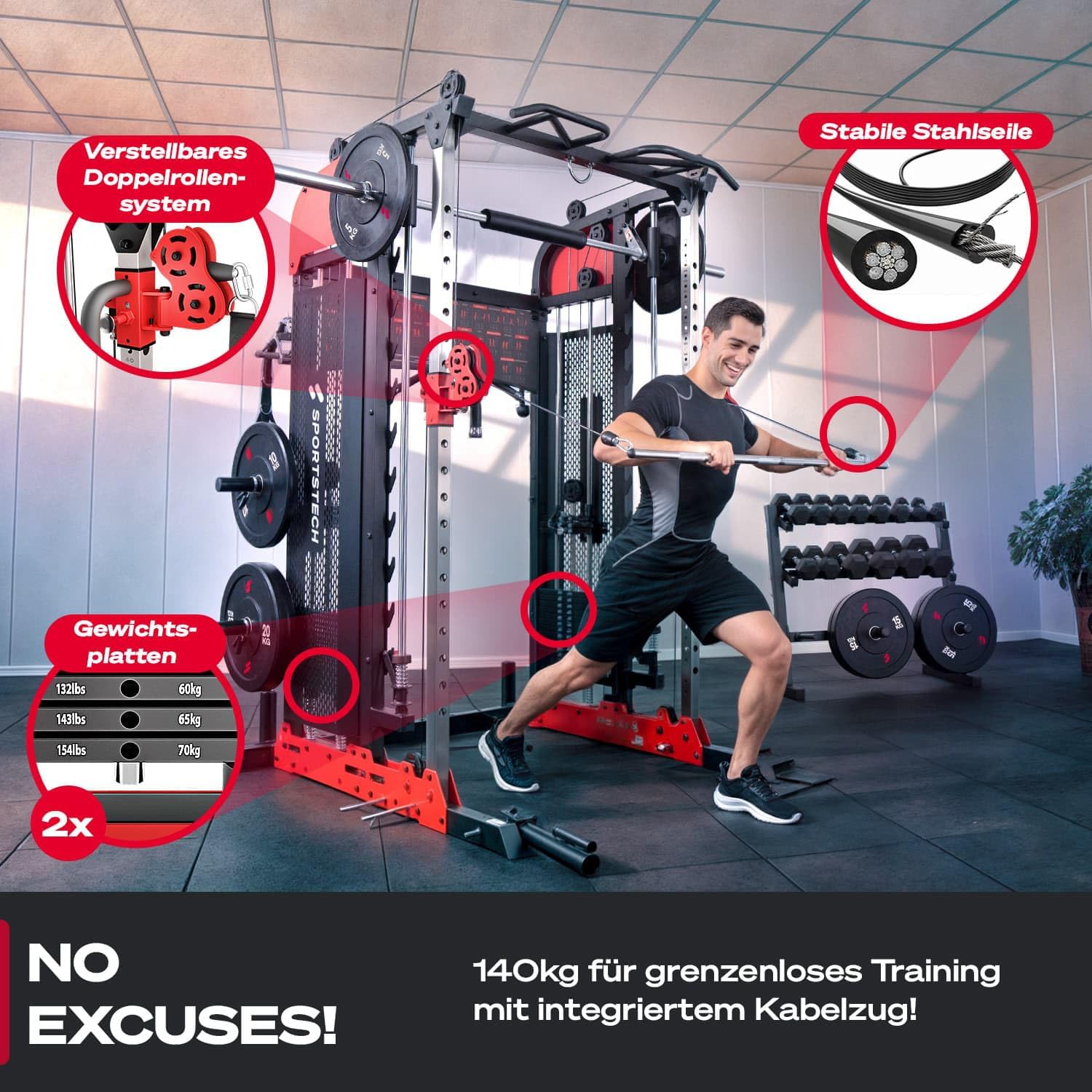 Sportstech SXM200 Smith Machine for Home, Power Rack with Cable Pull, Pull-Up, Barbell Bar, Bench Press, Multipress, 140 kg Training Weight, Power Station with Handles, Multifunctional, Home Gym