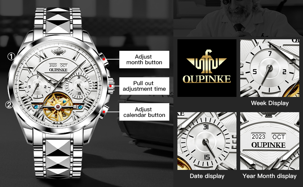 OUPINKE Mens Automatic Watches Mechanical Skeleton Luxury Dress Watch for Man Tungsten Steel Waterproof Luminous Calendar Wristwatch