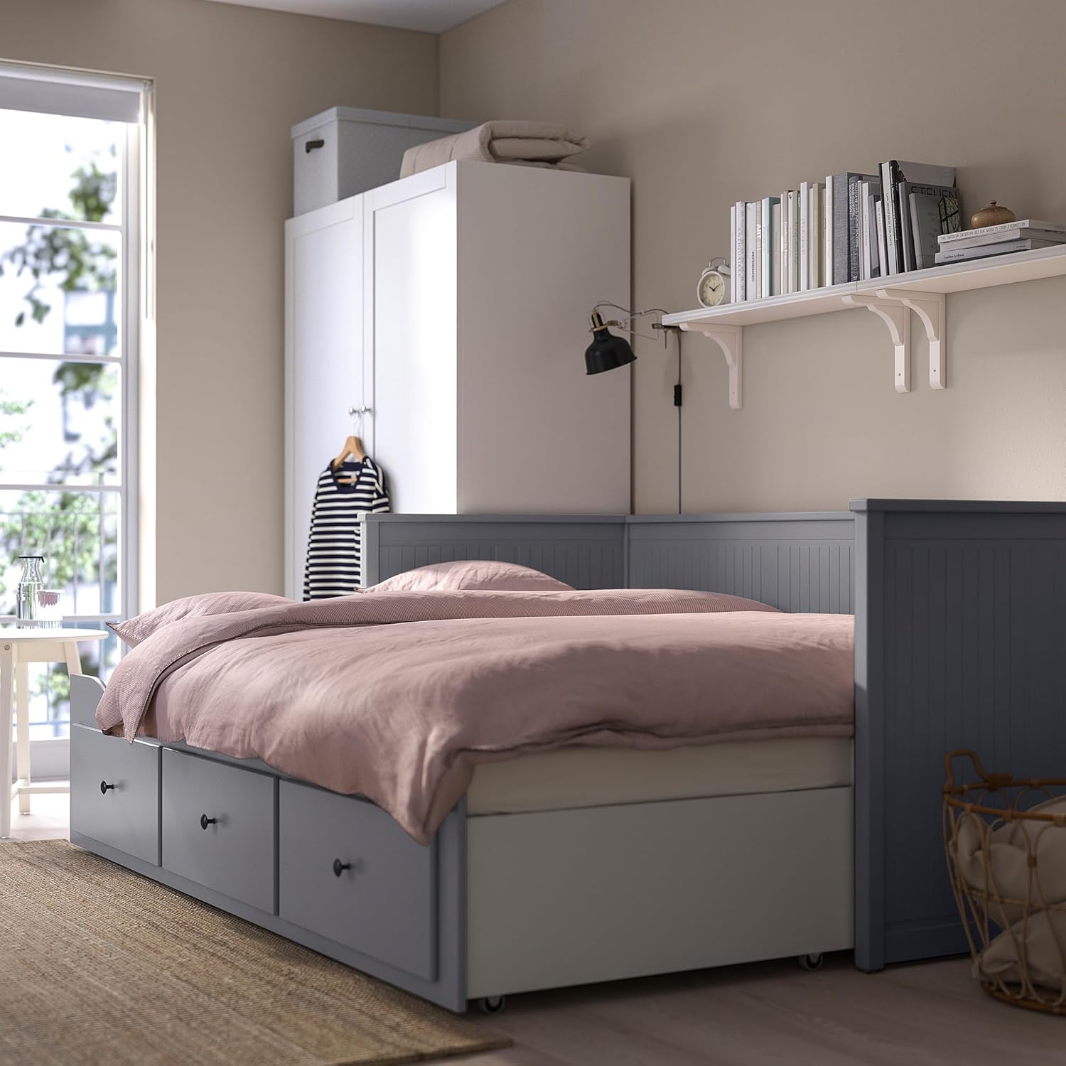 IKEA HEMNES Day-Bed w 3 Drawers/2 mattresses, 80x200 cm, Grey/Vannareid Extra Firm