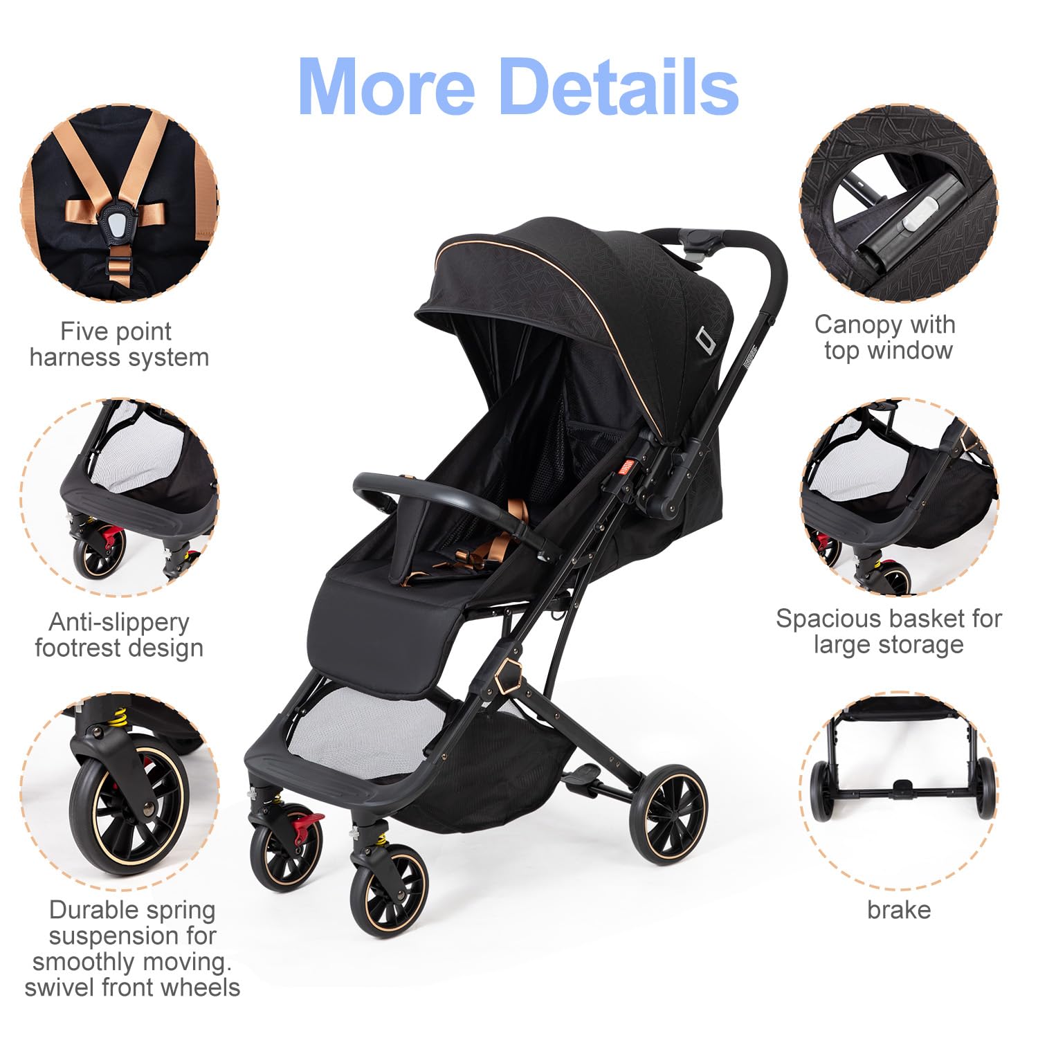 Baby Stroller Lightweight,High Landscape Adjustable Backrest Canopy,Foldable,Sit and Stand,Storage Basket,5-Point Harness,Stroller Wagon for Infant Newborn Toddler Black
