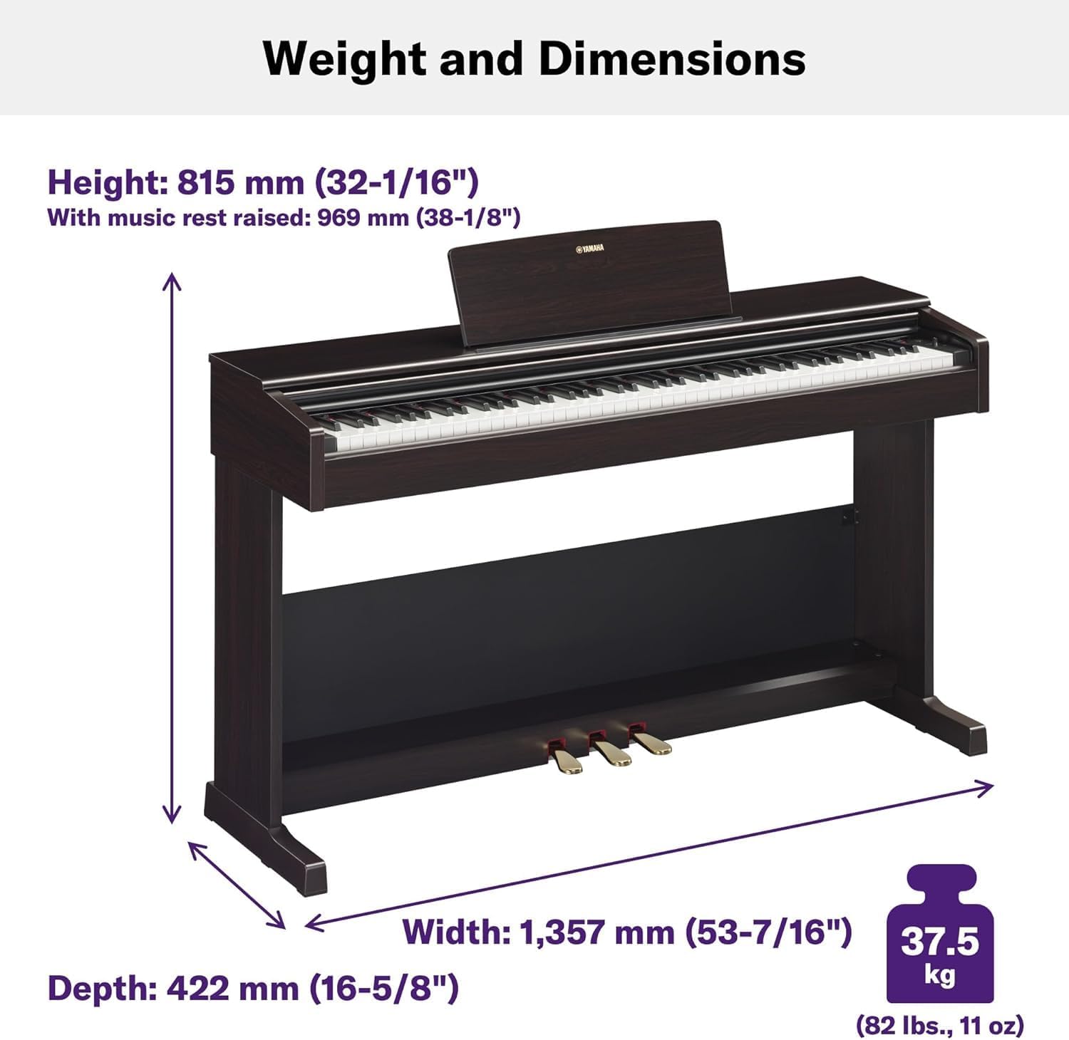 Yamaha Arius, 88-Key Weighted Action Digital Beginner and Intermediate Players, Dynamic Response, Grand Piano Sound, 3-Pedal Unit, Upright Design, Bench Included, Dark Rosewood (YDP105R)