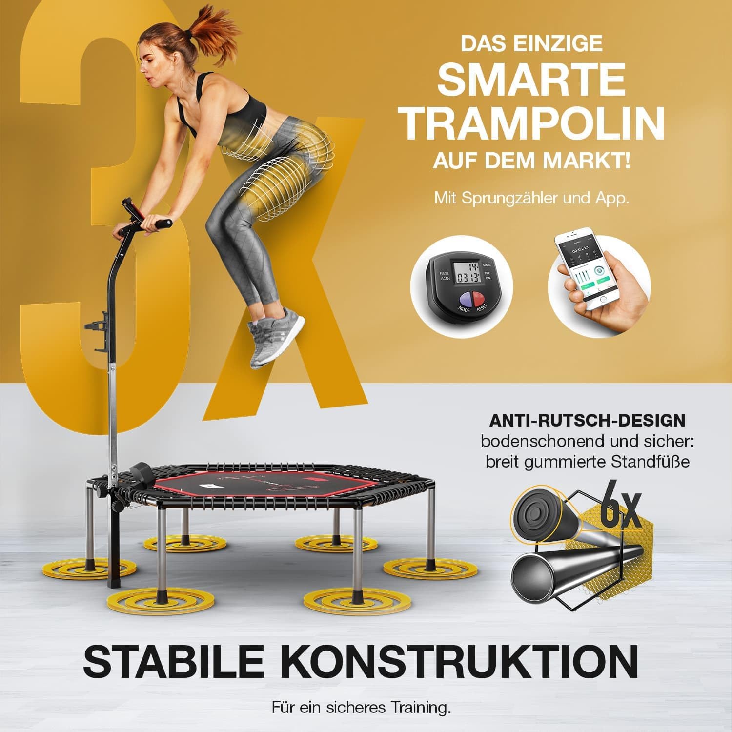 Sportstech HTX100 Folding Trampoline, German Quality Brand Fitness Trampoline with Handle, Indoor Jumping for Children and Adults, TÜV/GS, Jump Counter, App