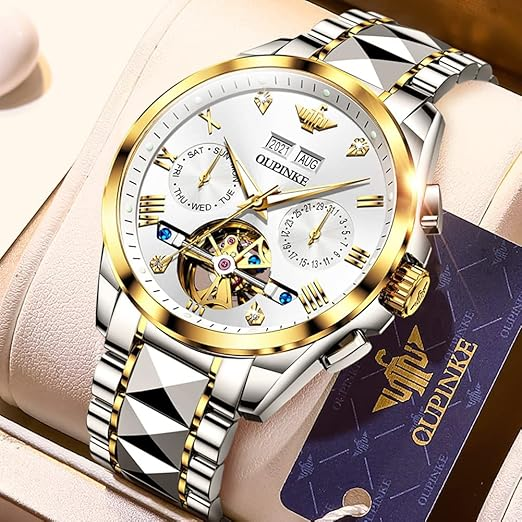 OUPINKE Mens Watches Skeleton Automatic Mechanical Premium with Calendar Sapphire Crystal Tungsten Steel Waterproof Wrist Watch