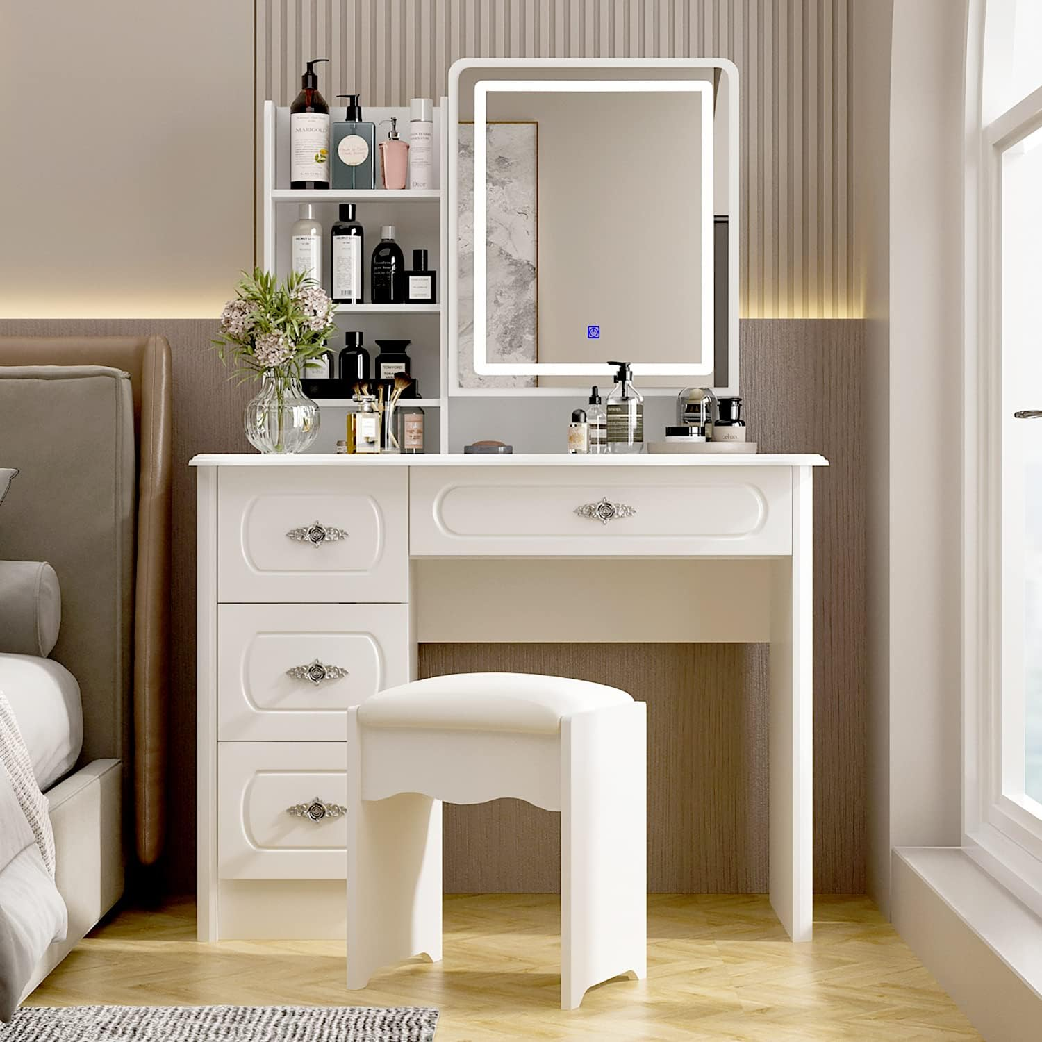 Large Vanity Table Set Makeup Vanity Dressing Table with Mirror, 4 Drawers & Shelves, Dresser Desk and Cushioned Stool Set