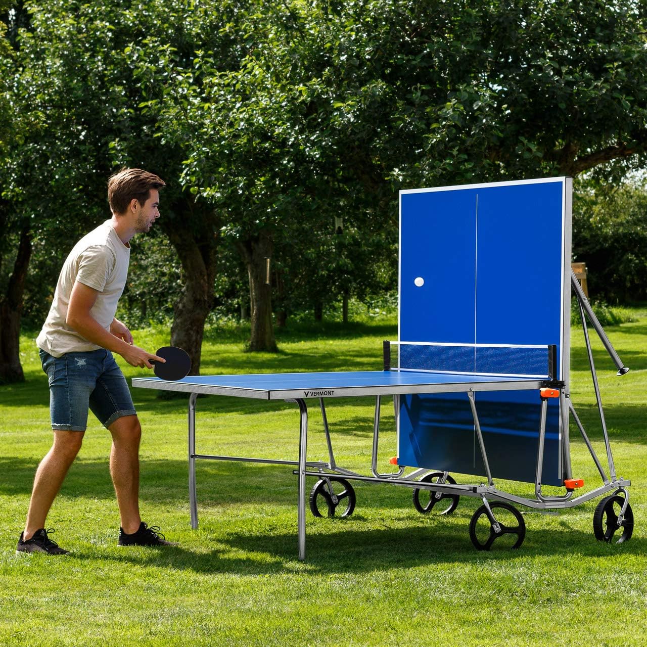 VERMONT TS100 Outdoor Table Tennis Table | Portable Regulation-Size Ping Pong Table with Steel Frame & 360° Wheels - Optional Bat & Ball Sets for All Skill Levels