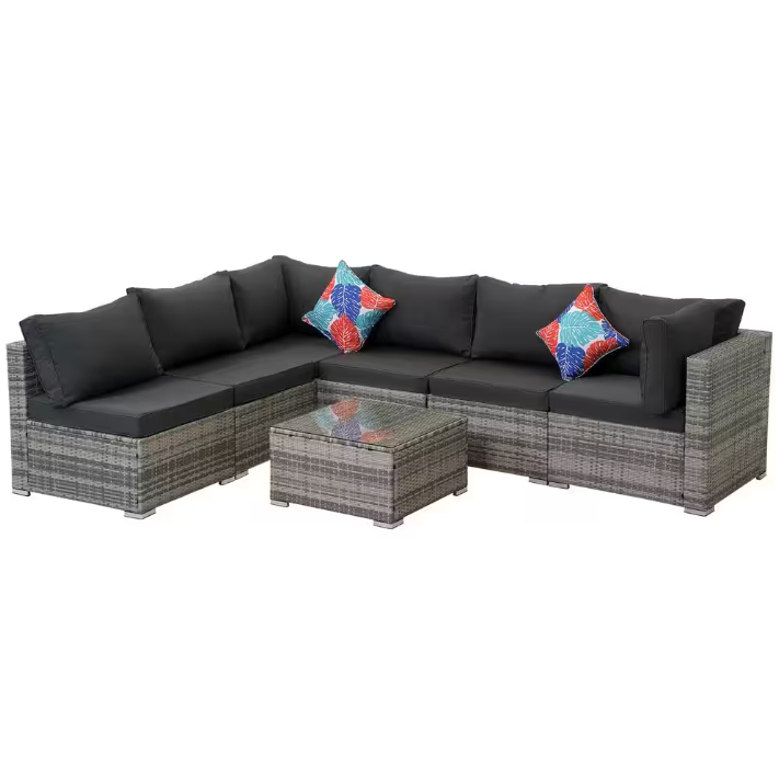 7-Piece Gray Wicker Outdoor Furniture Sectional Sofa with Dark Gray Cushion and Coffee Table 1