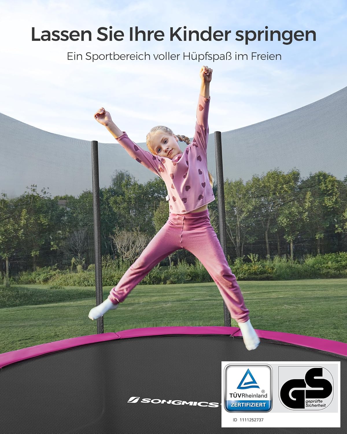 SONGMICS Trampolin Outdoor Ø 366cm, rundes Gartentrampolin mit Randabdeckung, mit Sicherheitsnetz, mit Leiter und gepolsterten Stangen