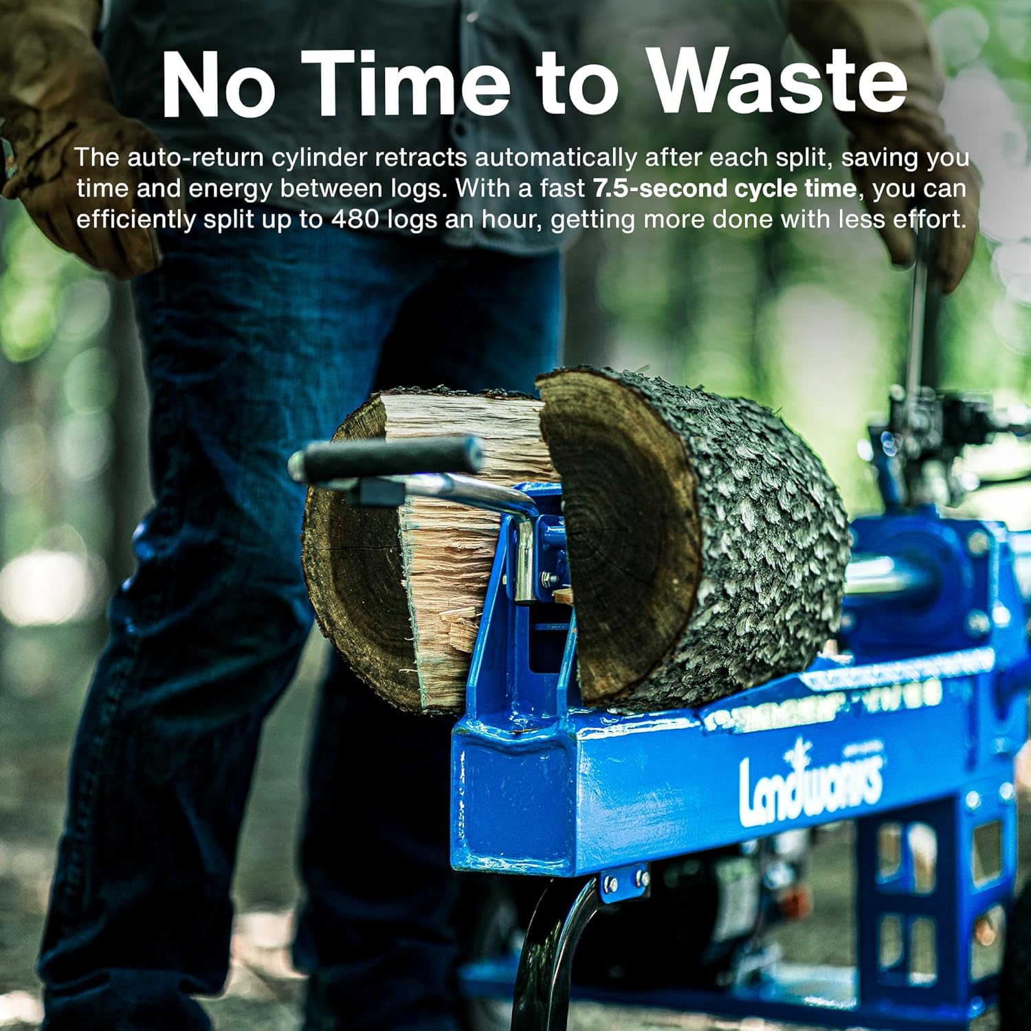 Landworks Log Splitter Portable 20 Ton Rapid Auto Return Ram System Bucher Gear Pump 7HP Engine Horizontal Full Beam Steel Wedge Firewood Splitting Forestry Harvesting