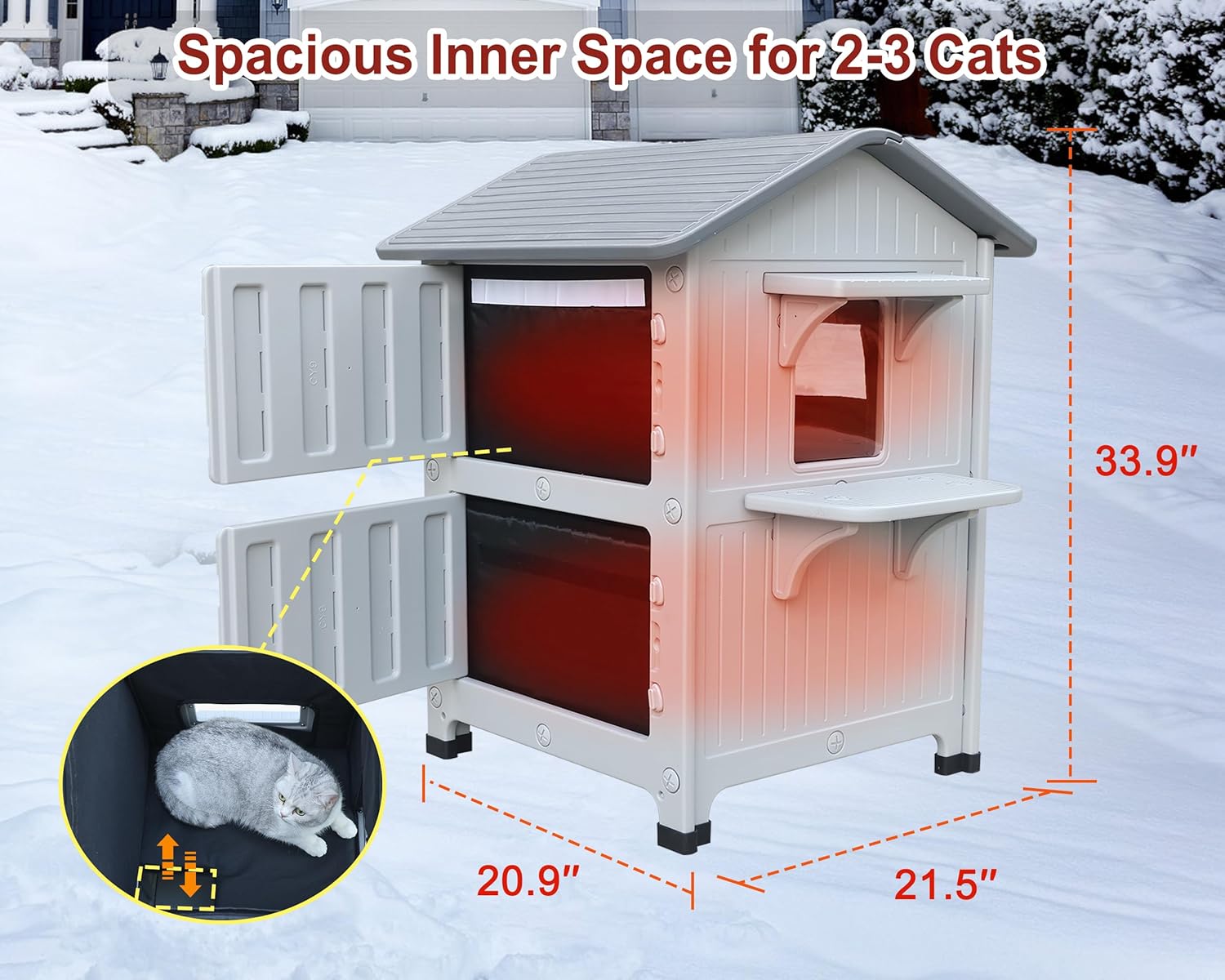 Rockever Plastic Outdoor Cat House with Insulated Liner, 100% Insulated Outdoor Cat Houses for Winter, Waterproof 2 Story Outside Cat Shelter, Clean and Assemble Easily-Grey