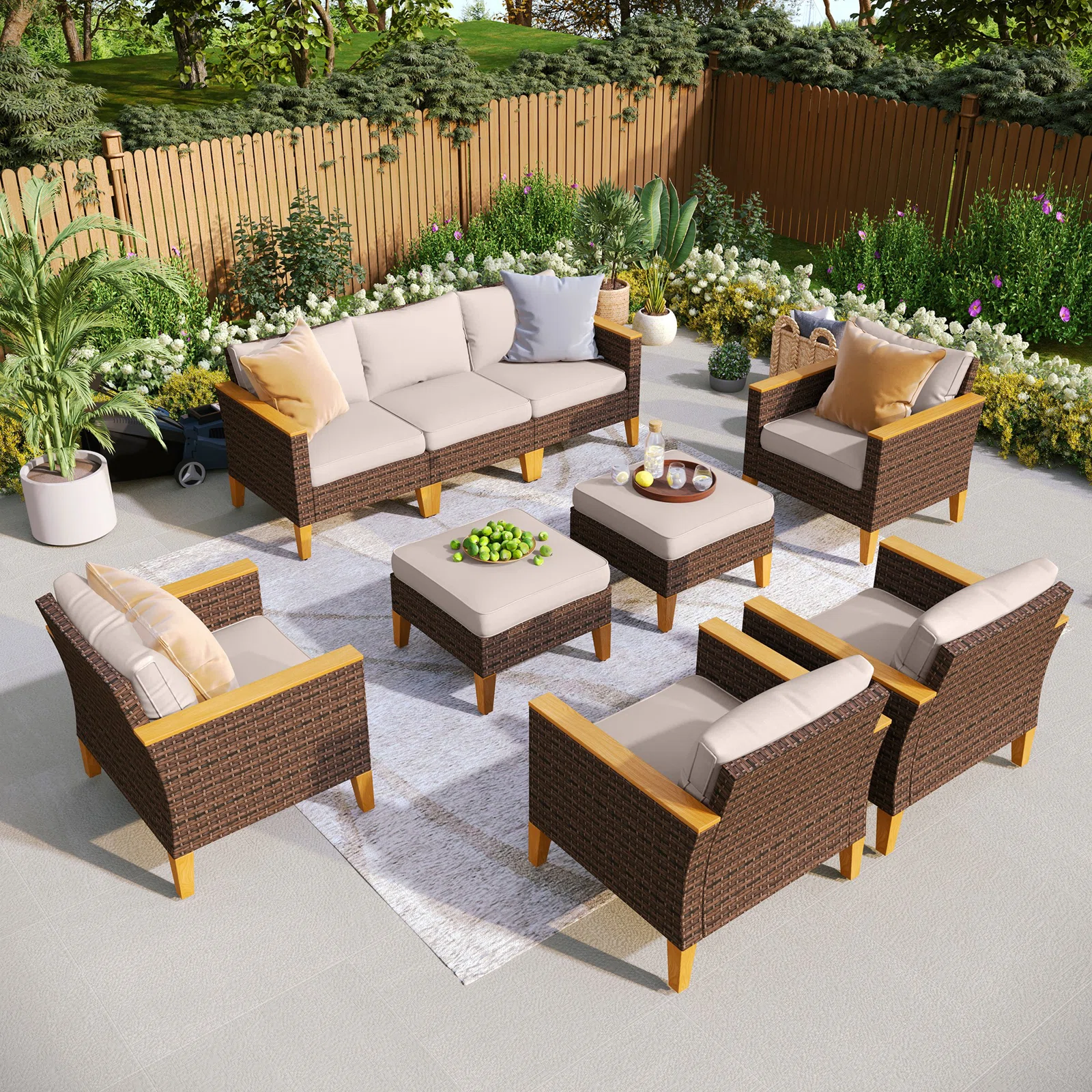 Wicker 9 - Person Garden Lounge Set with Cushions