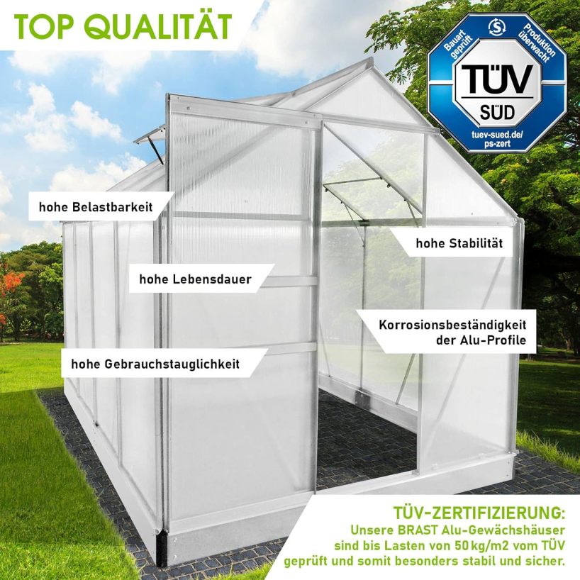 BRAST Aluminium Greenhouse with Base, 250 x 190 x 195 cm, TÜV Tested, 6 mm Hollow Chamber Panels Rustproof, Weatherproof, Temperature-Resistant