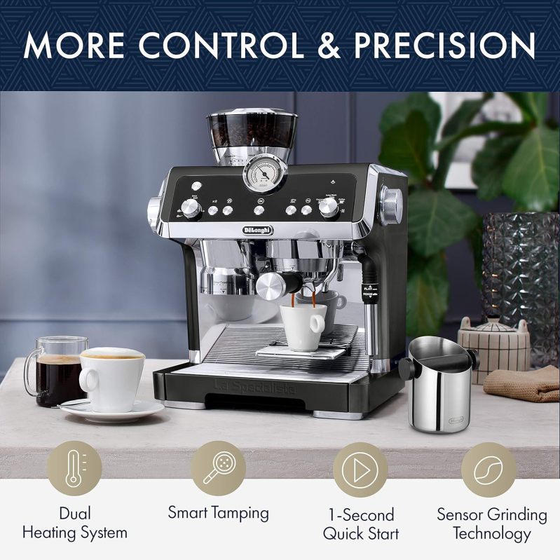 De'Longhi La Specialista Espresso Machine with Sensor Grinder, Dual Heating System, Advanced Latte System & Hot Water Spout for Americano Coffee or Tea, Black, EC9335BK