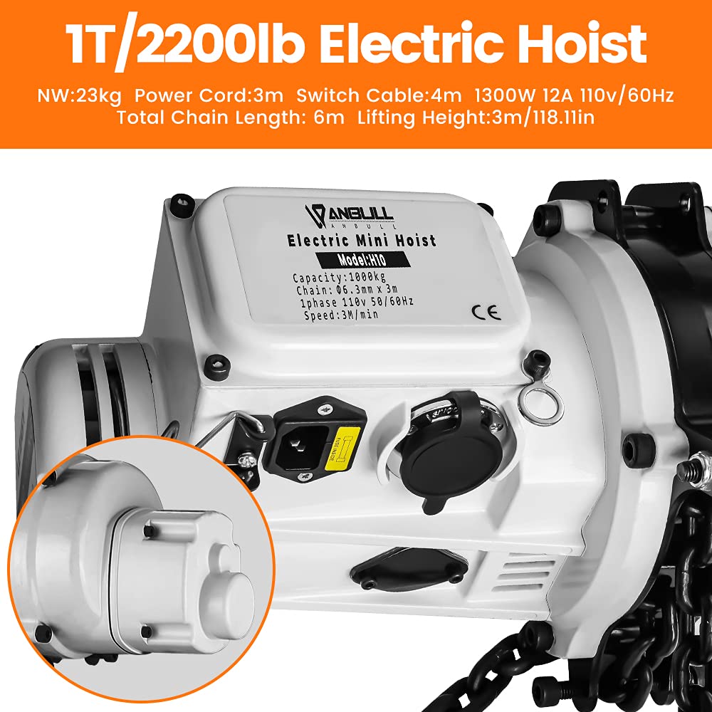 ANBULL 2200lbs FEC Chain Electric Lift Hoist Single Phase Overhead Crane Hoist