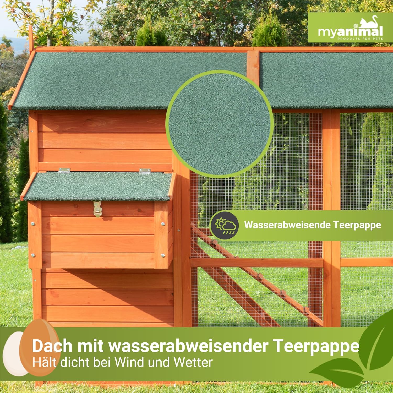 Miweba MyAnimal Hühnerstall MH-15 XXL | 186x146x147 cm - Für 7 Hühner - Nistkasten mit Freilaufgehege - Sitzstange - Winterfest - 2 Ebenen - Hühnerhaus mit Eiablage - Kiefernholz - Voliere