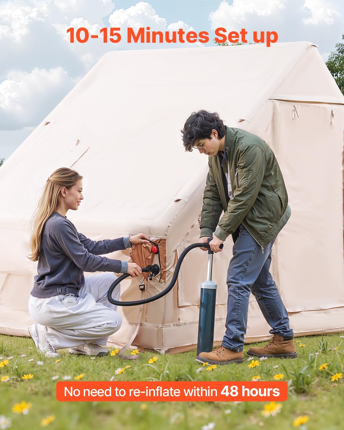 VEVOR Inflatable Tents for Camping 4x3x2m, 5-8 Person 300D Oxford Glamping Tent with Stove Connection