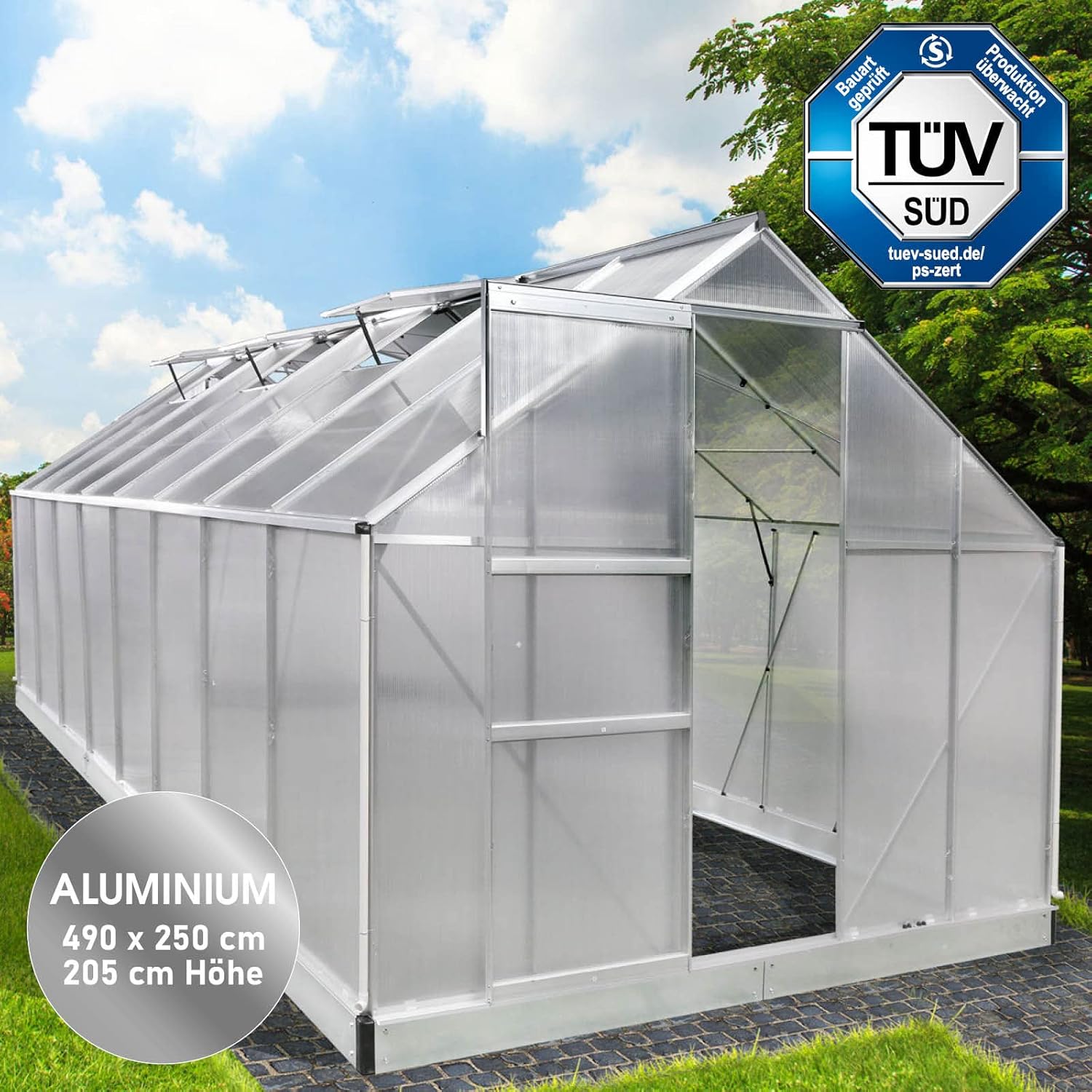 BRAST Aluminium Greenhouse with Base 490 x 250 x 205 cm, TÜV Tested, 6 mm Hollow Chamber Panels, Rustproof/Weatherproof/Temperature-Resistant