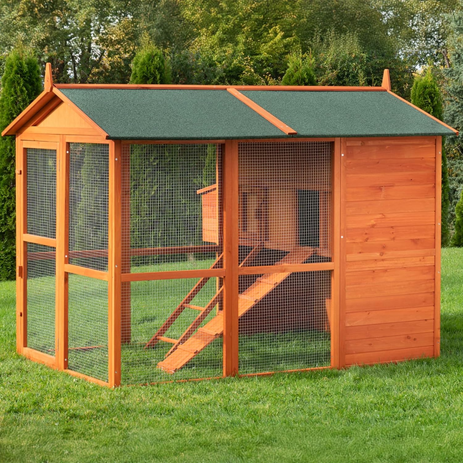 Miweba MyAnimal Hühnerstall MH-15 XXL | 186x146x147 cm - Für 7 Hühner - Nistkasten mit Freilaufgehege - Sitzstange - Winterfest - 2 Ebenen - Hühnerhaus mit Eiablage - Kiefernholz - Voliere (Braun)