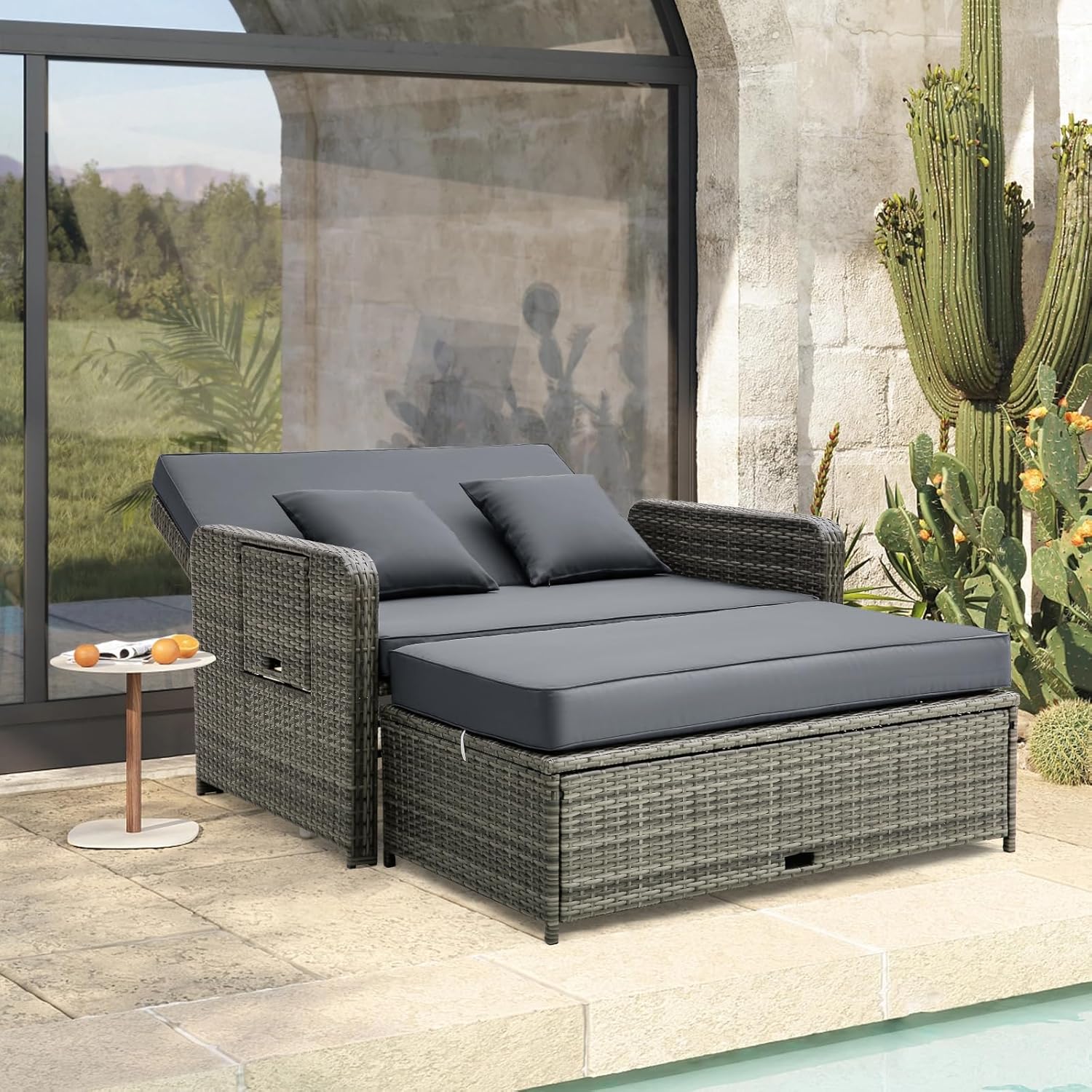 Tangkula Patio Rattan Daybed Set, Wicker Loveseat Sofa
