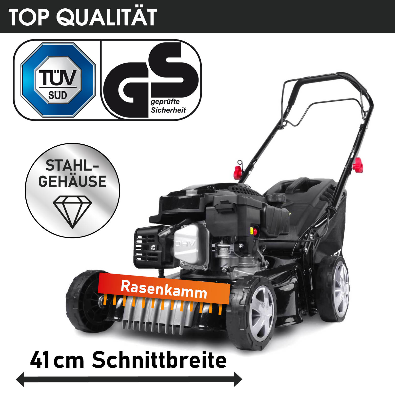 BRAST Benzin Rasenmäher 16145 4-Takt Motor 3,0kW (4,1PS) / 144cm³, kleiner Benzinmäher mit 41cm Schnittbreite, Big Wheeler mit Radantrieb