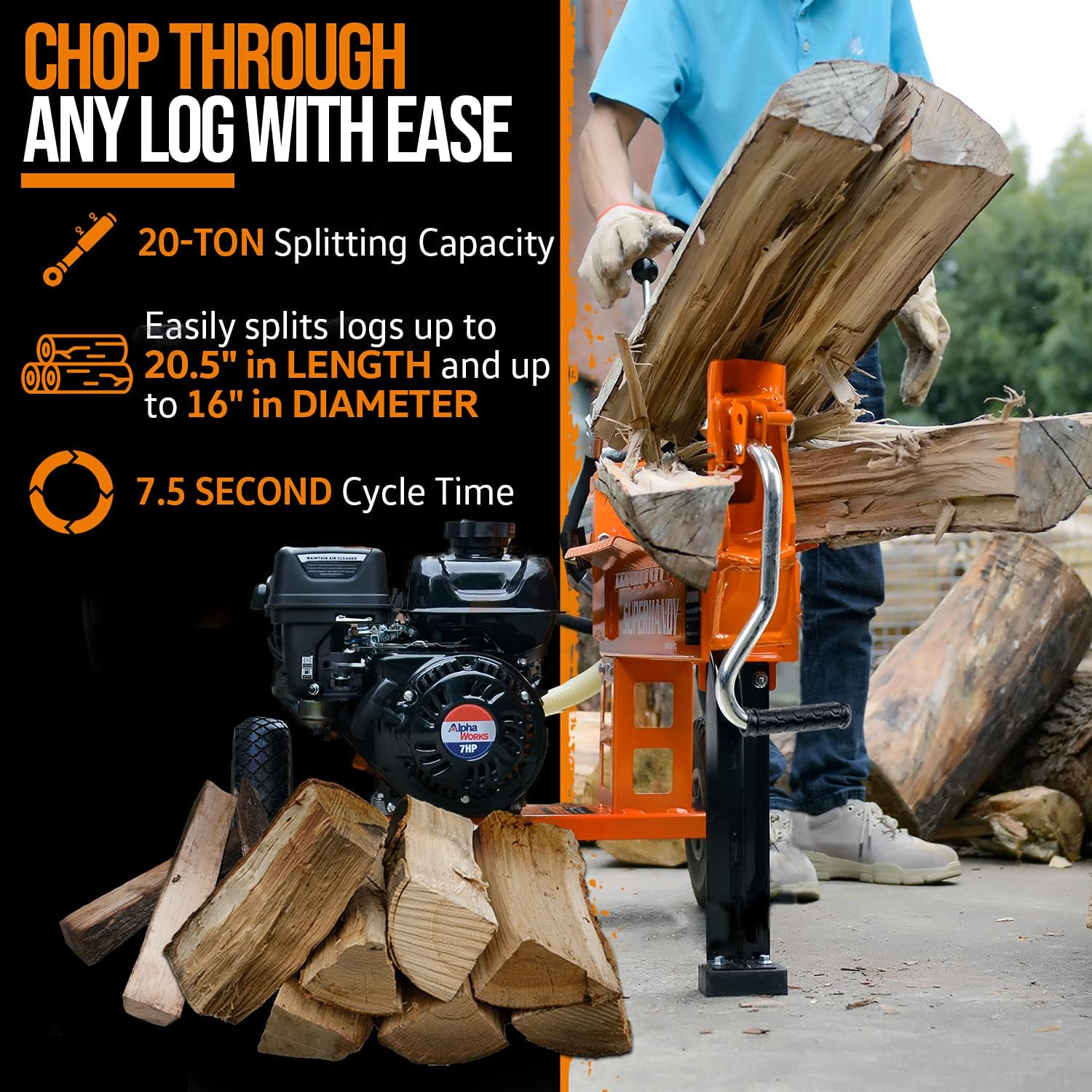 SuperHandy Log Splitter Portable Electric 14 Ton Rapid Auto Return Hydraulic Ram System Bucher Gear Pump 2.5eHP 15Amp Motor Horizontal Full Beam Steel Wedge Firewood Splitting Forestry Harvesting