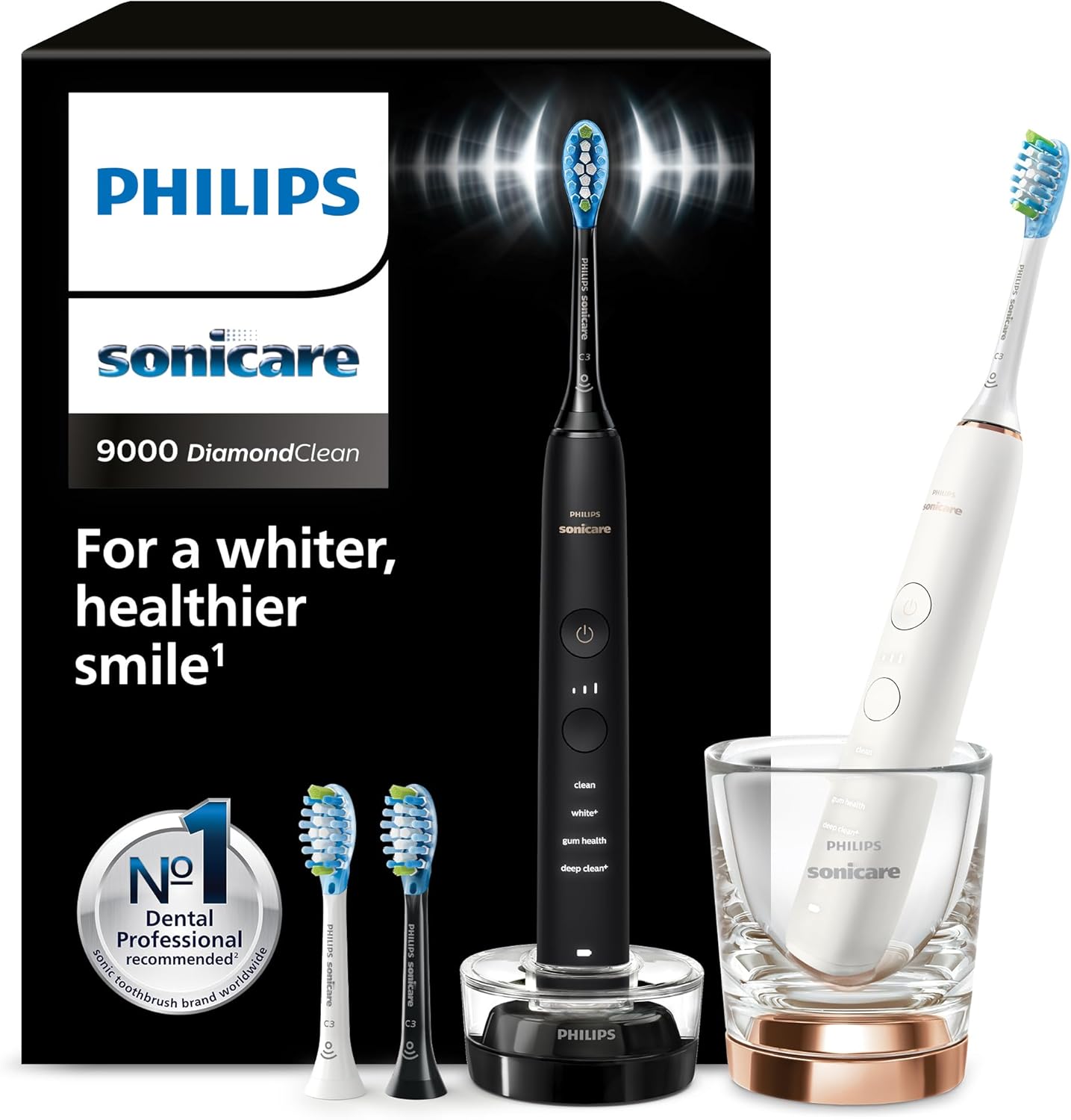 Philips Sonicare DiamondClean 9000 Electric Toothbrush, Twin Pack, with Sound Technology Including App, Pressure Sensor, 4 Cleaning Modes, 3 Intensity Levels, Black and Rose Gold, Model HX9914/61