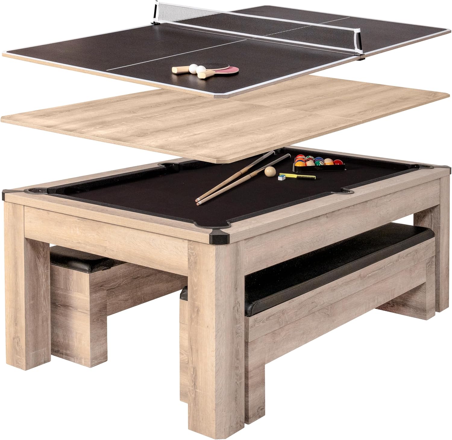 Atomic 7′ Hampton 3-in-1 Combination Table Includes Billiards, Table Tennis, and Dining Table with Dual Storage Bench Seating