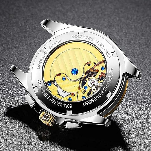 OUPINKE Mens Watches Skeleton Automatic Mechanical Premium with Calendar Sapphire Crystal Tungsten Steel Waterproof Wrist Watch