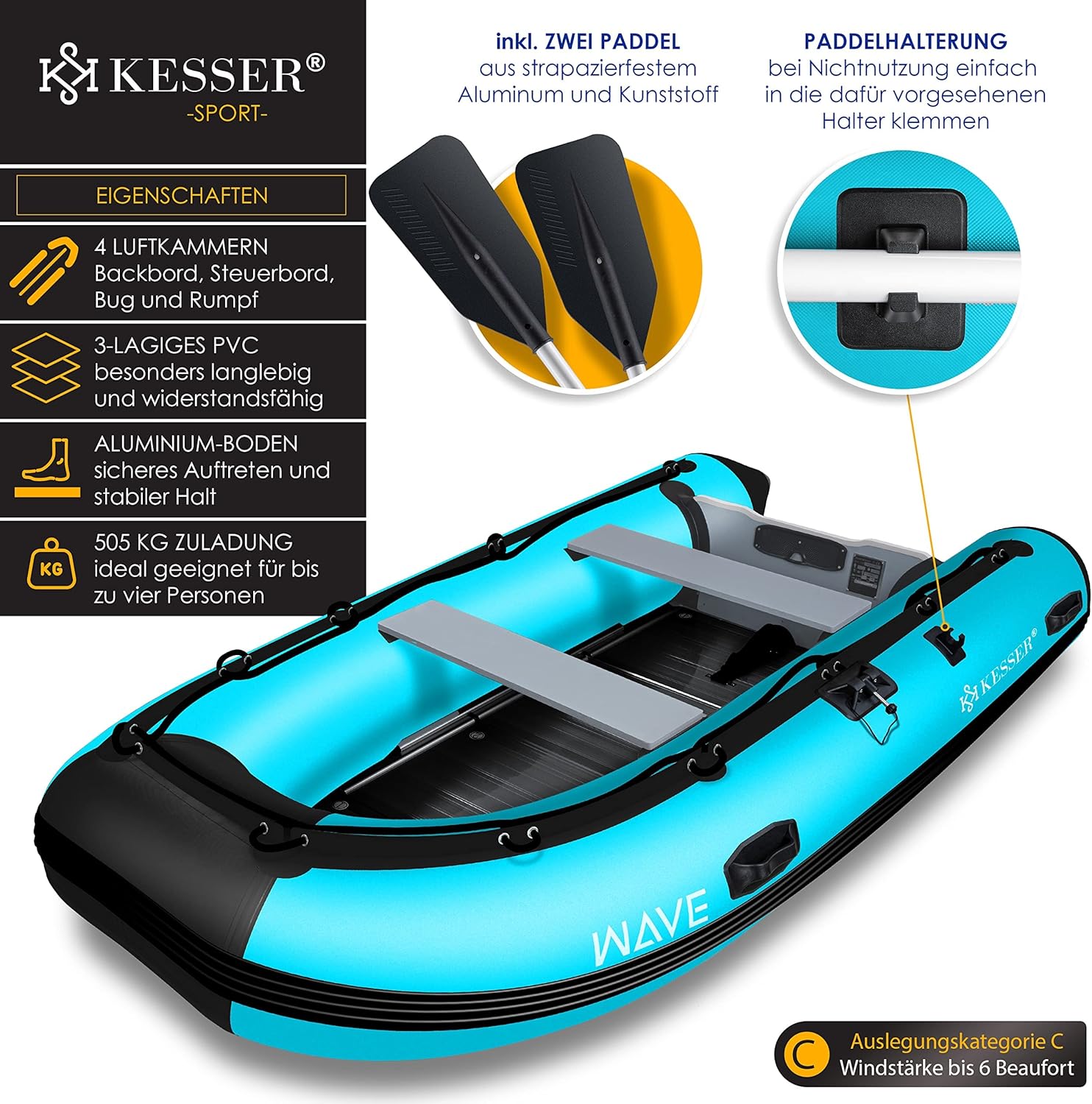KESSER® Inflatable Boat 3.20 m for 4 People - Wave Motor Suitable Leisure Boat Paddle Boat Motor Boat Fishing Boat - with 2 Benches - Aluminium Base Paddle Pump Repair Kit & Bag Inflatable PVC