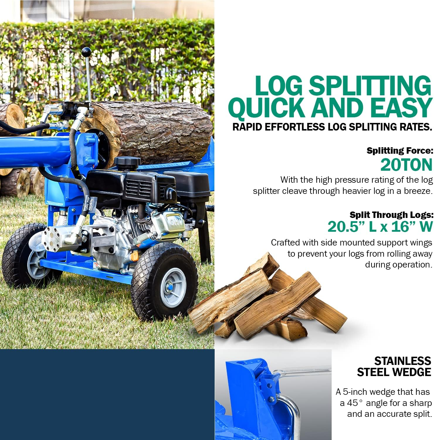 Landworks Log Splitter Portable 20 Ton Rapid Auto Return Ram System Bucher Gear Pump 7HP Engine Horizontal Full Beam Steel Wedge Firewood Splitting Forestry Harvesting