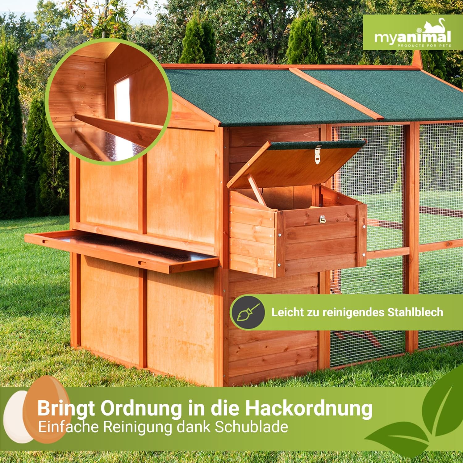 Miweba MyAnimal Hühnerstall MH-15 XXL | 186x146x147 cm - Für 7 Hühner - Nistkasten mit Freilaufgehege - Sitzstange - Winterfest - 2 Ebenen - Hühnerhaus mit Eiablage - Kiefernholz - Voliere