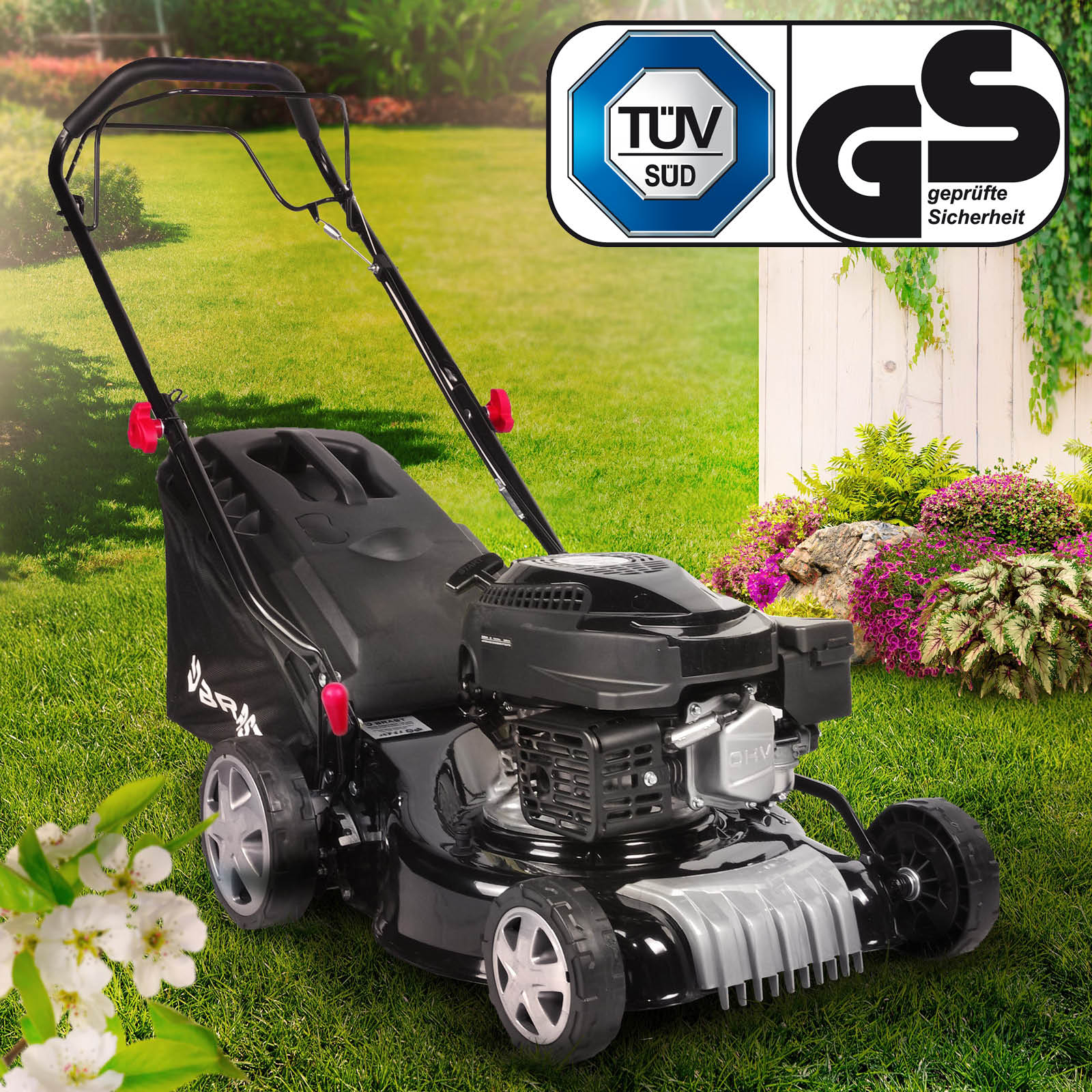 BRAST Benzin Rasenmäher 16145 4-Takt Motor 3,0kW (4,1PS) / 144cm³, kleiner Benzinmäher mit 41cm Schnittbreite, Big Wheeler mit Radantrieb