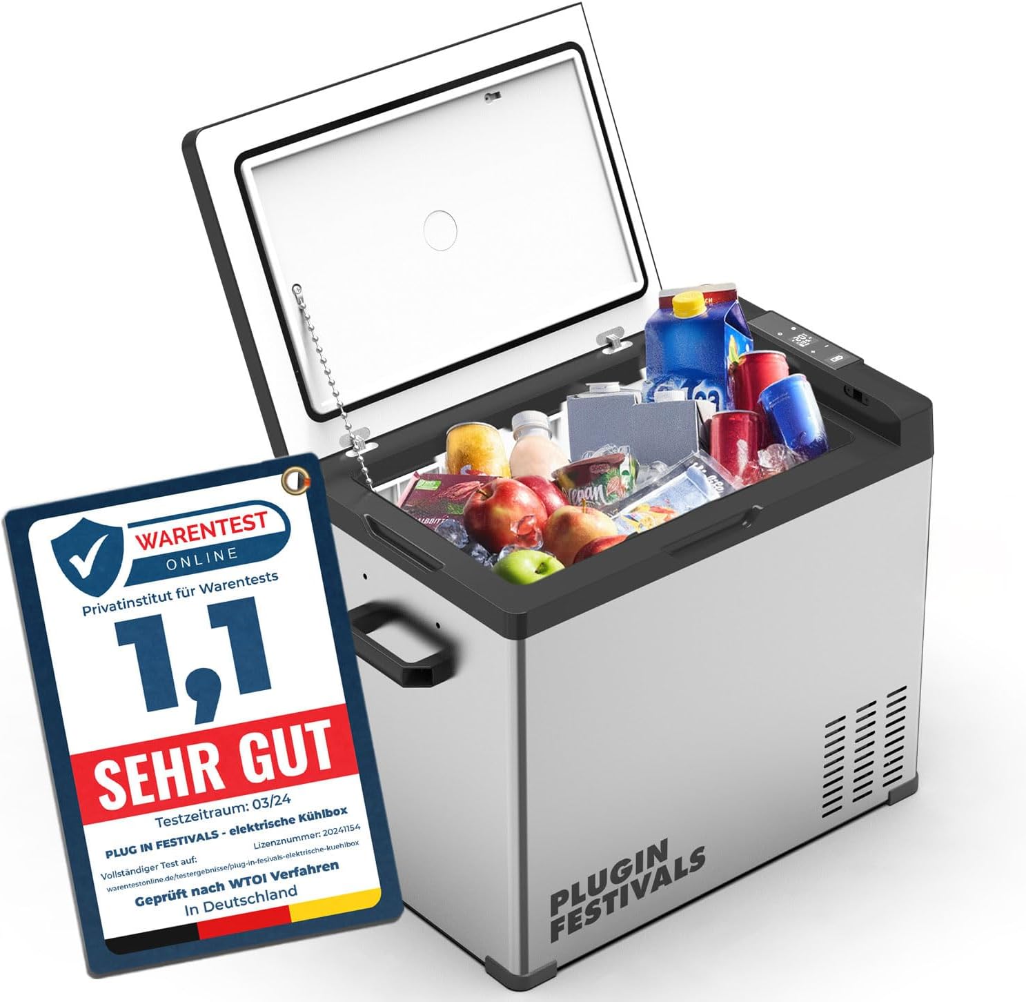 PLUG IN FESTIVALS - elektrische Kühlbox - Kompressor Gefrierbox bis -20 Grad - Kühlbox Auto - Camping Kühlschrank - Powerstation zum Kühlen - 12V 230V - 50 Liter