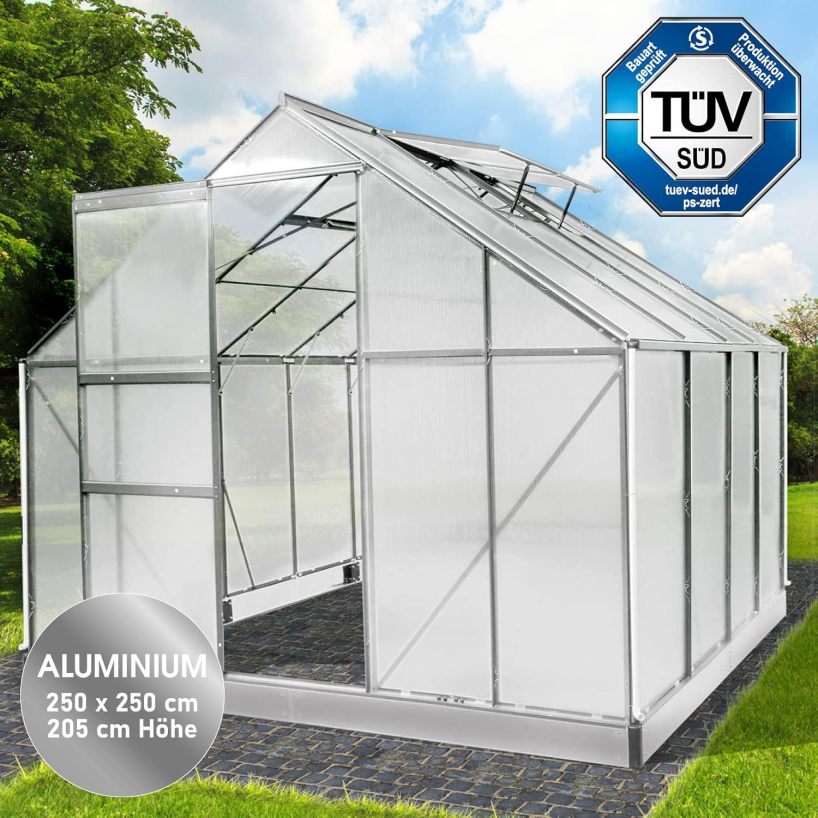 BRAST Aluminium Greenhouse with Base, 250 x 250 x 205 cm, TÜV Tested, 6 mm Hollow Chamber Panels Rustproof, Weatherproof, Temperature-Resistant