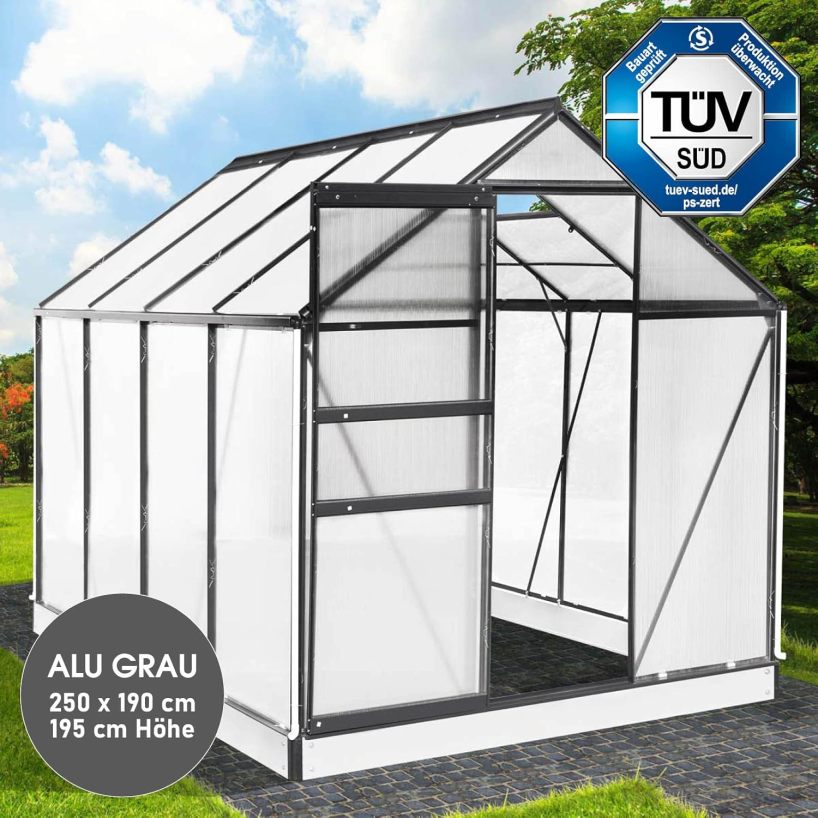 BRAST Aluminium Greenhouse with Base 190 x 190 x 195 cm, TÜV Tested, 6 mm Hollow Chamber Panels, Rustproof/Weatherproof/Temperature-Resistant