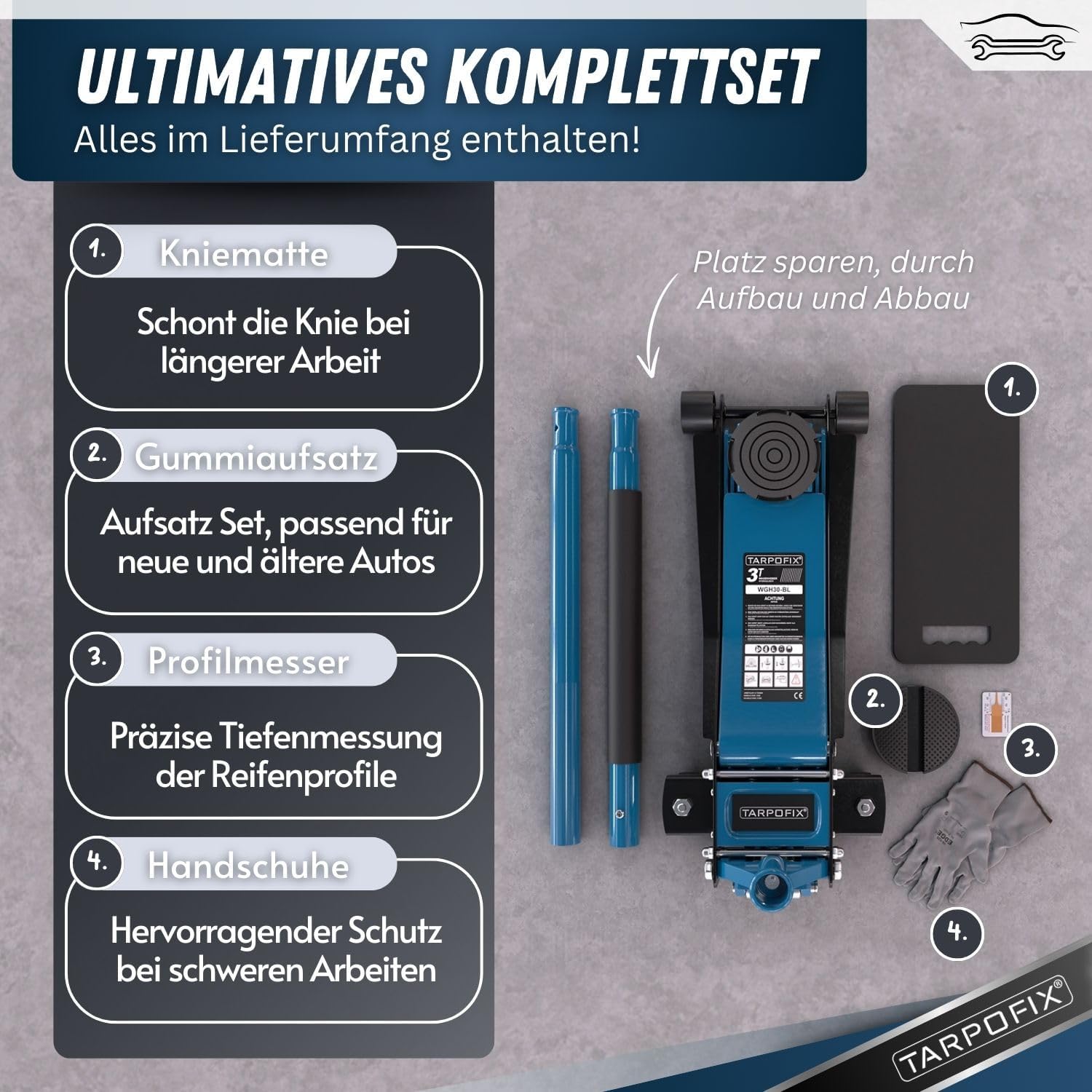 Tarpofix® 3t Flat Hydraulic Jack | Double Cylinder | Fits SUVs & Lowered Cars, 75-505mm Lift