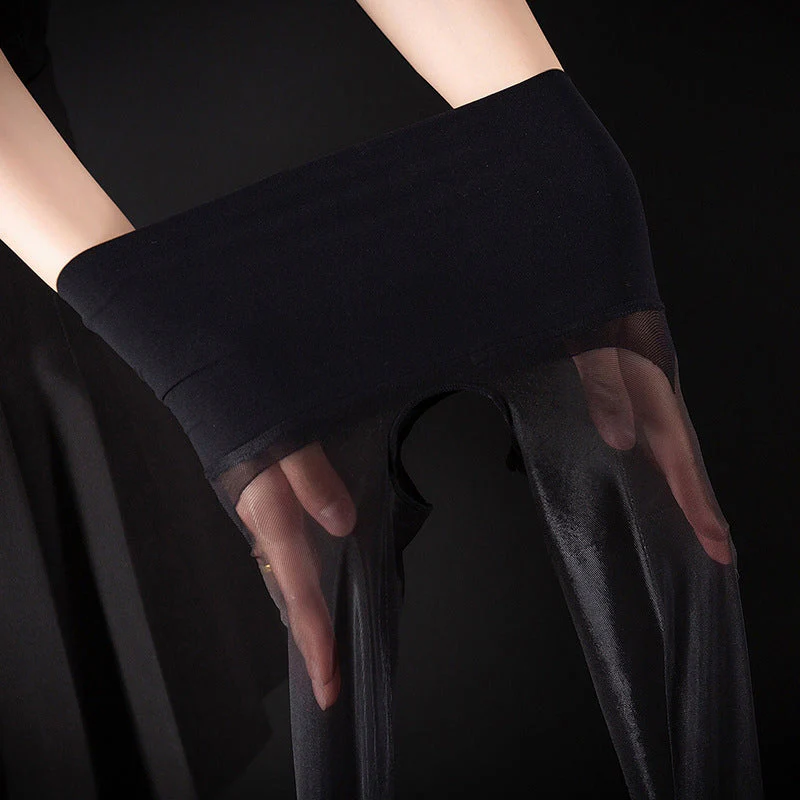 High-Waist Glossy Open-Crotch Tights