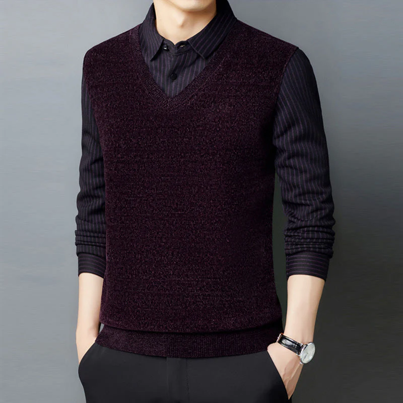 Men's Faux Plush Shirt&Sweater Fake 2-piece Top