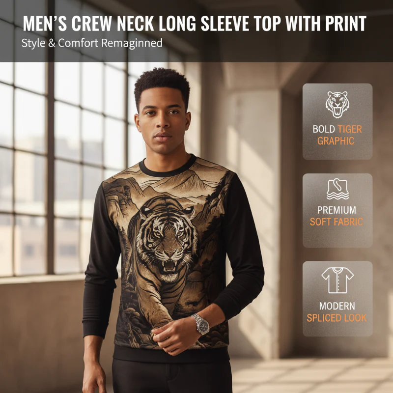 Men's Crew Neck Long Sleeve Top with Print