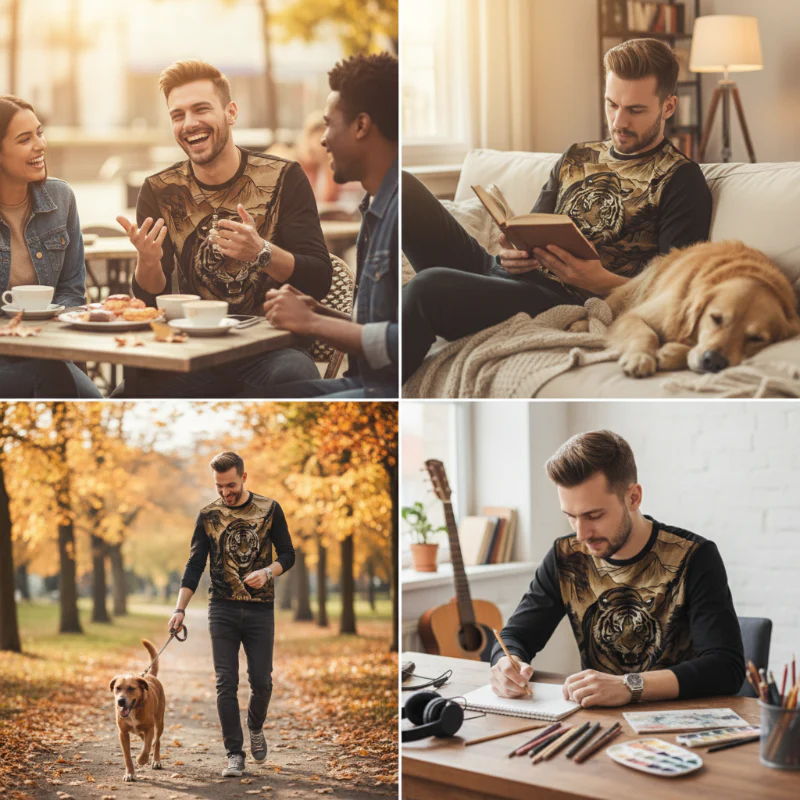 Men's Crew Neck Long Sleeve Top with Print