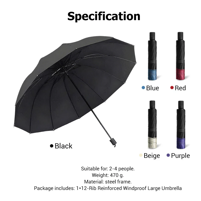 12-Rib Large Foldable Windproof Umbrella