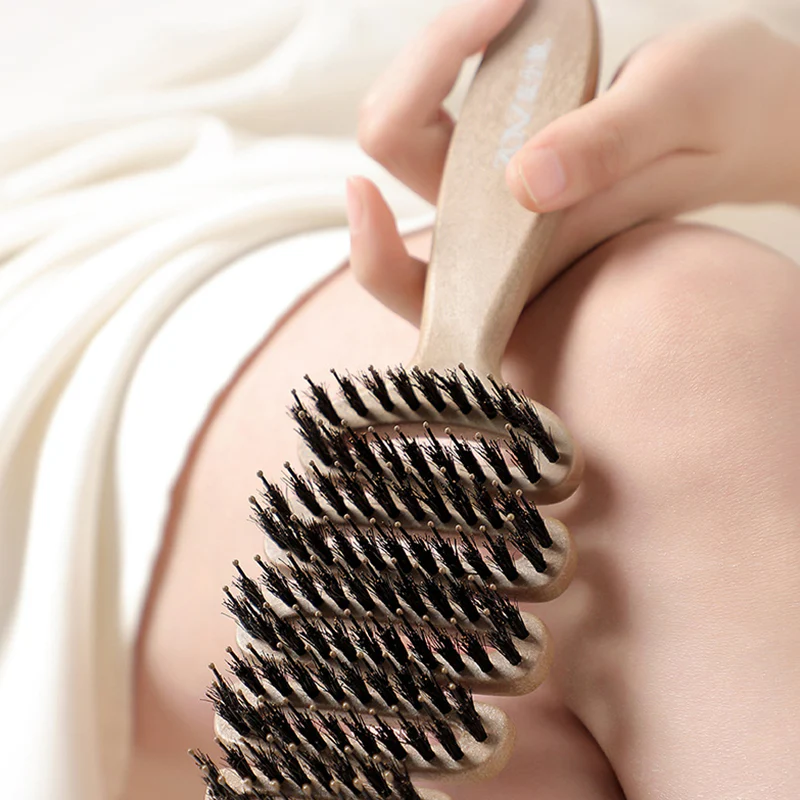 Boar Bristles Hair Brush with Curved Design