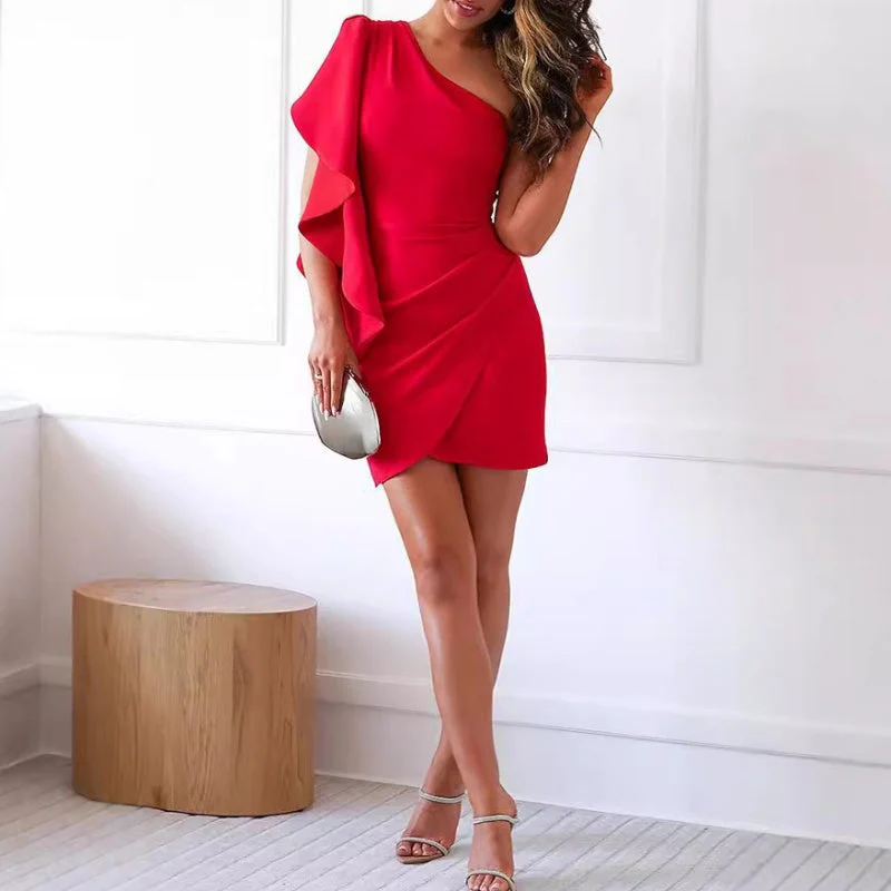 💖Limited Sale 50% OFF💖Women's One Shoulder Ruffle Sleeve Cocktail Dress