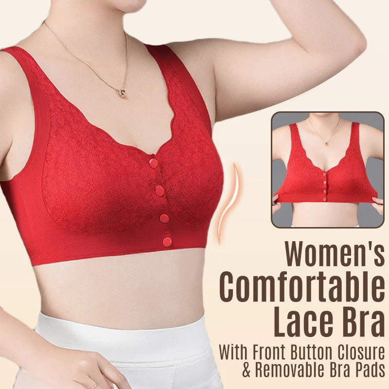 Women's Comfortable Lace Bra with Front Button Closure & Removable Bra Pads